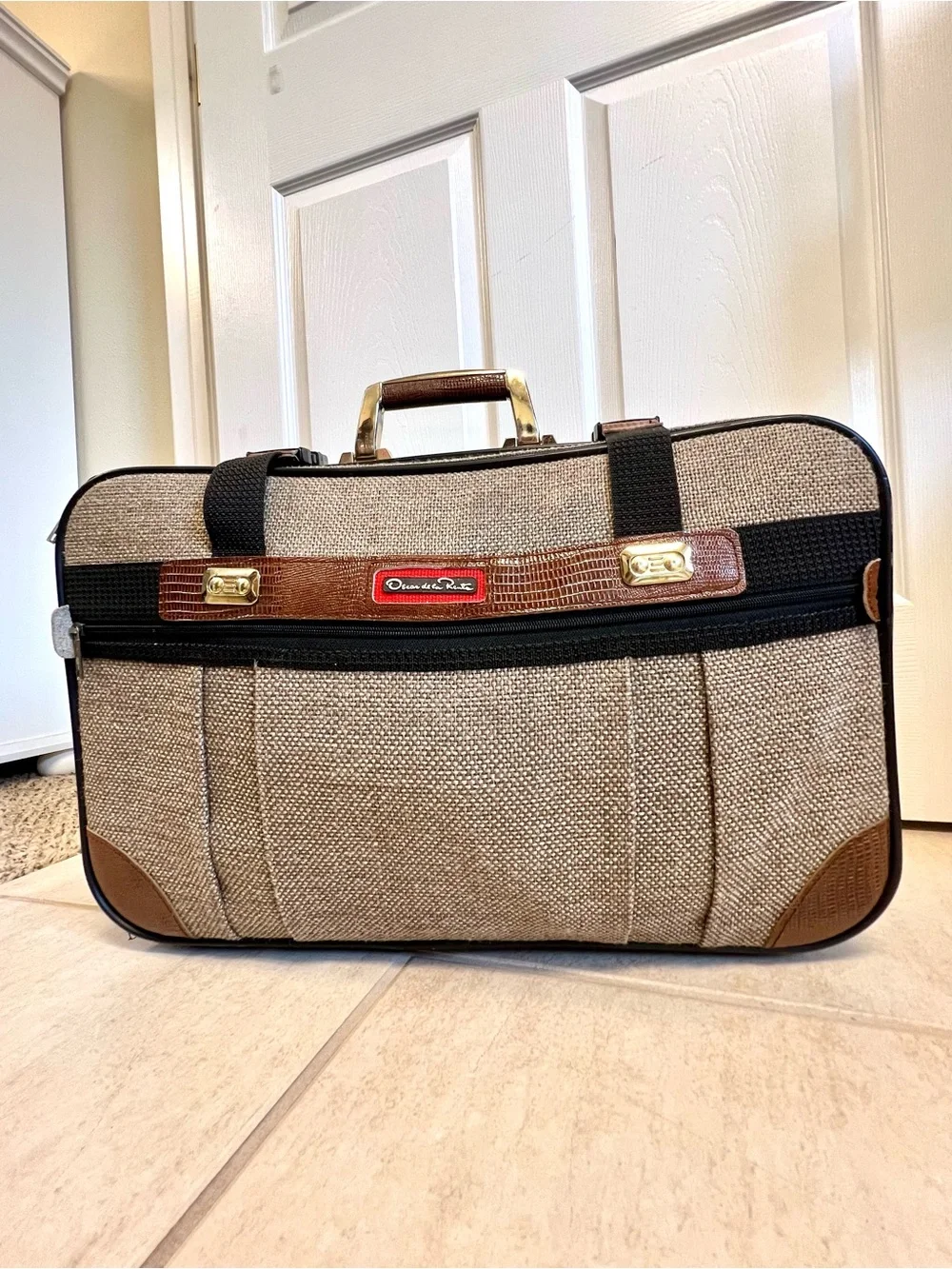 Vintage Oscar de la Renta Tweed Luggage Suitcase Brown Black Gold Hardware luxe